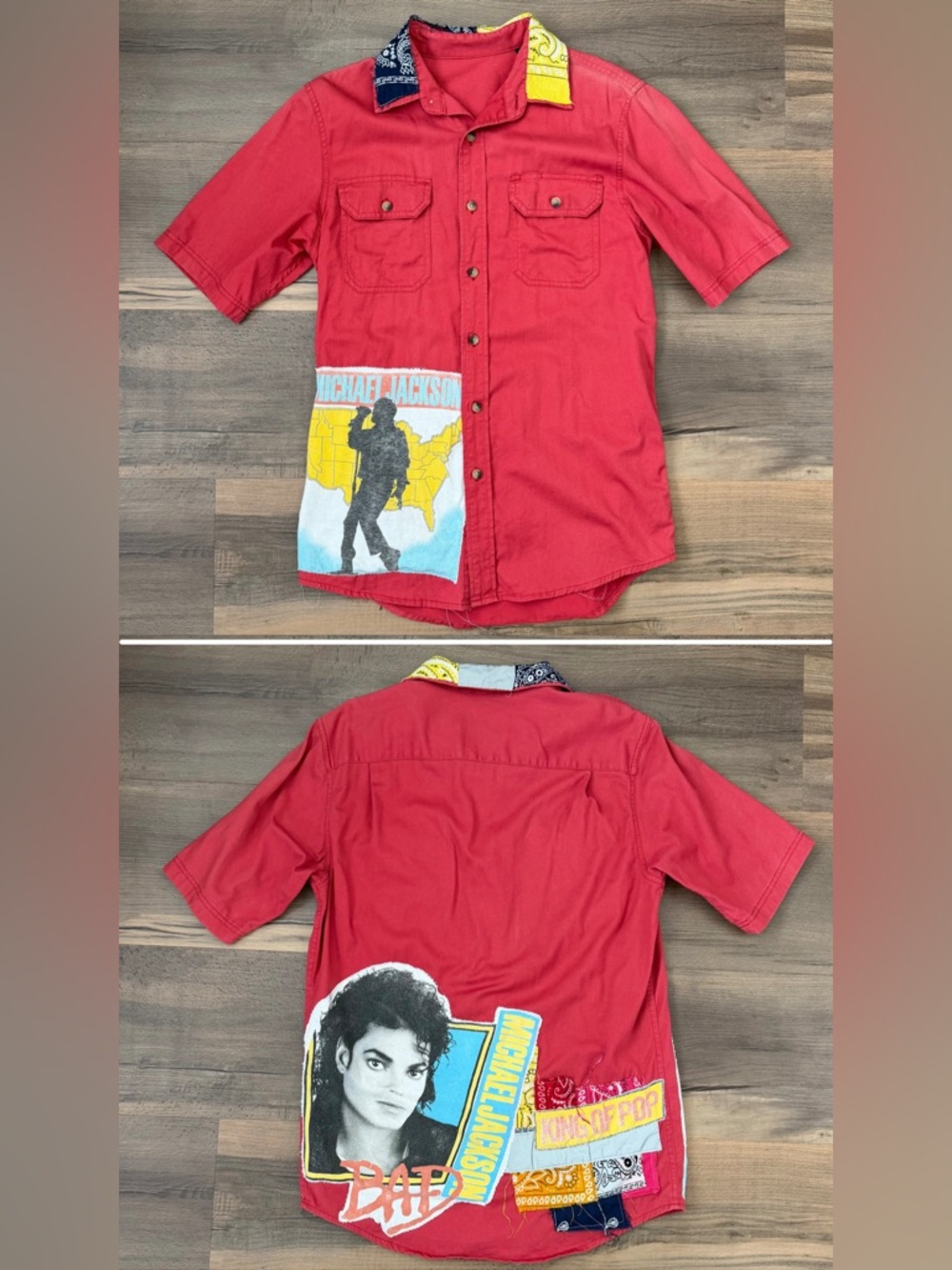 Vintage Upcycled 80's Michael Jackson Patchwork Button Down Short Sleeve Sz. S
